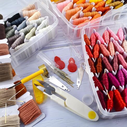 طقم خيط تطريز مكون من 187 قطعة، مجموعة سلاسل سوار الصداقة مكونة من 150 لونًا وخيط غرز متقاطعة مع صندوق تخزين منظم، يتضمن مقصًا وكشتبانًا وإبرة خياطة وخيط خيط ومزيل in Kuwait