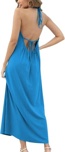 Naggoo Women's Summer Sexy Backless Maxi Dress Halter V Neck Long Dress Pleated Flowy Casual Beach Dress in Kuwait