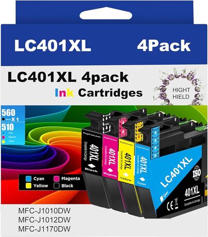 خراطيش حبر LC401XL متوافقة مع Brother LC401XL LC401 لطابعة Brother MFC-J1010DW MFC-J1012DW MFC-J1170DW 4 عبوات XL (1 أسود، 1 سماوي، 1 أرجواني، 1 أصفر) in Kuwait