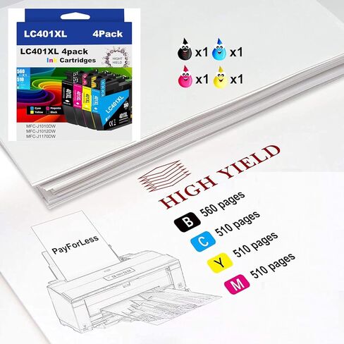 خراطيش حبر LC401XL متوافقة مع Brother LC401XL LC401 لطابعة Brother MFC-J1010DW MFC-J1012DW MFC-J1170DW 4 عبوات XL (1 أسود، 1 سماوي، 1 أرجواني، 1 أصفر) in Kuwait