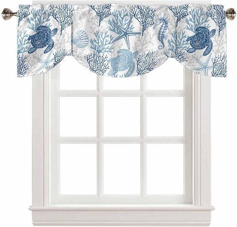 Blue Grey Coastal Valances for Windows, Summer Beach Kitchen Curtains Window Treatment Nautical Decor, Sea Turtle Coral Ocean Rod Pocket Short Window Valances for Living Room/Bedroom, 54"x18" in Saudi Arabia