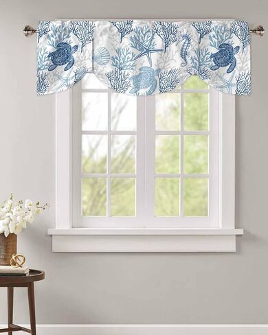 Blue Grey Coastal Valances for Windows, Summer Beach Kitchen Curtains Window Treatment Nautical Decor, Sea Turtle Coral Ocean Rod Pocket Short Window Valances for Living Room/Bedroom, 54"x18" in Saudi Arabia