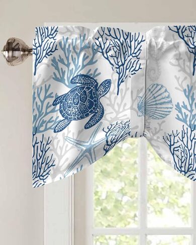 Blue Grey Coastal Valances for Windows, Summer Beach Kitchen Curtains Window Treatment Nautical Decor, Sea Turtle Coral Ocean Rod Pocket Short Window Valances for Living Room/Bedroom, 54"x18" in Saudi Arabia