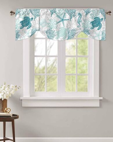 Blue Grey Coastal Valances for Windows, Summer Beach Kitchen Curtains Window Treatment Nautical Decor, Sea Turtle Coral Ocean Rod Pocket Short Window Valances for Living Room/Bedroom, 54"x18" in Saudi Arabia