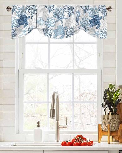 Blue Grey Coastal Valances for Windows, Summer Beach Kitchen Curtains Window Treatment Nautical Decor, Sea Turtle Coral Ocean Rod Pocket Short Window Valances for Living Room/Bedroom, 54"x18" in Saudi Arabia