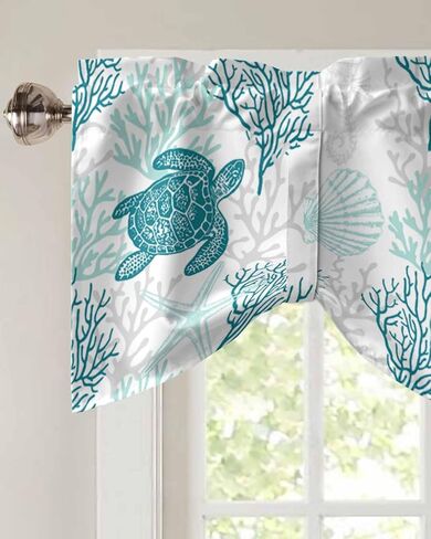 Blue Grey Coastal Valances for Windows, Summer Beach Kitchen Curtains Window Treatment Nautical Decor, Sea Turtle Coral Ocean Rod Pocket Short Window Valances for Living Room/Bedroom, 54"x18" in Saudi Arabia