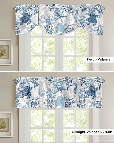 Blue Grey Coastal Valances for Windows, Summer Beach Kitchen Curtains Window Treatment Nautical Decor, Sea Turtle Coral Ocean Rod Pocket Short Window Valances for Living Room/Bedroom, 54"x18" in Saudi Arabia