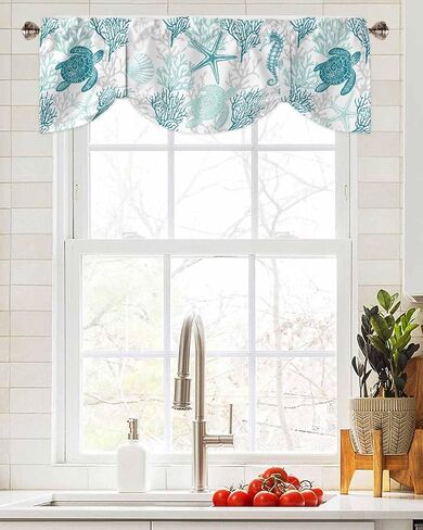 Blue Grey Coastal Valances for Windows, Summer Beach Kitchen Curtains Window Treatment Nautical Decor, Sea Turtle Coral Ocean Rod Pocket Short Window Valances for Living Room/Bedroom, 54"x18" in Saudi Arabia
