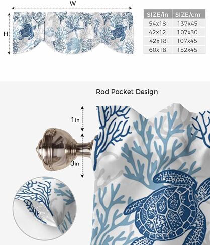 Blue Grey Coastal Valances for Windows, Summer Beach Kitchen Curtains Window Treatment Nautical Decor, Sea Turtle Coral Ocean Rod Pocket Short Window Valances for Living Room/Bedroom, 54"x18" in Saudi Arabia