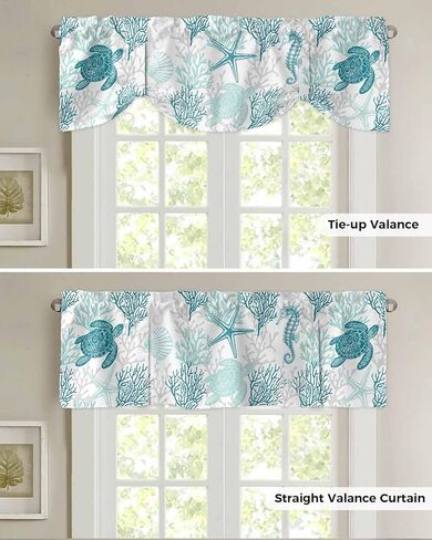 Blue Grey Coastal Valances for Windows, Summer Beach Kitchen Curtains Window Treatment Nautical Decor, Sea Turtle Coral Ocean Rod Pocket Short Window Valances for Living Room/Bedroom, 54"x18" in Saudi Arabia