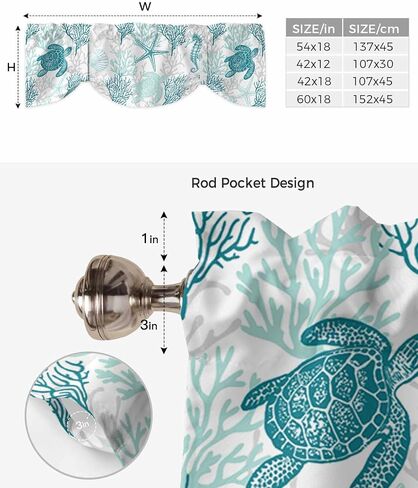 Blue Grey Coastal Valances for Windows, Summer Beach Kitchen Curtains Window Treatment Nautical Decor, Sea Turtle Coral Ocean Rod Pocket Short Window Valances for Living Room/Bedroom, 54"x18" in Saudi Arabia