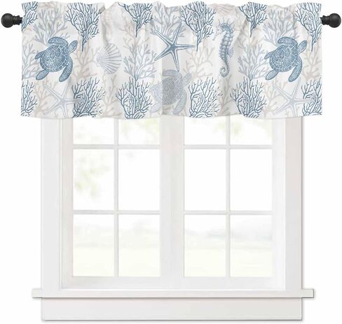 Blue Grey Coastal Valances for Windows, Summer Beach Kitchen Curtains Window Treatment Nautical Decor, Sea Turtle Coral Ocean Rod Pocket Short Window Valances for Living Room/Bedroom, 54"x18" in Saudi Arabia