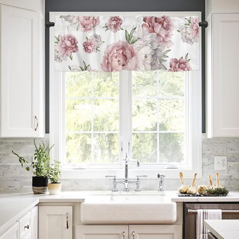 Watercolor Vintage Pink Floral Tie Up Curtain Valance for Windows/Living Room/Kitchen/Bathroom Farmhouse, Pink Flower White Short Rod Pocket Curtain Window Treatment, 1 Panel 54x18 in Saudi Arabia