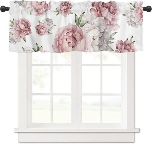 Watercolor Vintage Pink Floral Tie Up Curtain Valance for Windows/Living Room/Kitchen/Bathroom Farmhouse, Pink Flower White Short Rod Pocket Curtain Window Treatment, 1 Panel 54x18 in Saudi Arabia