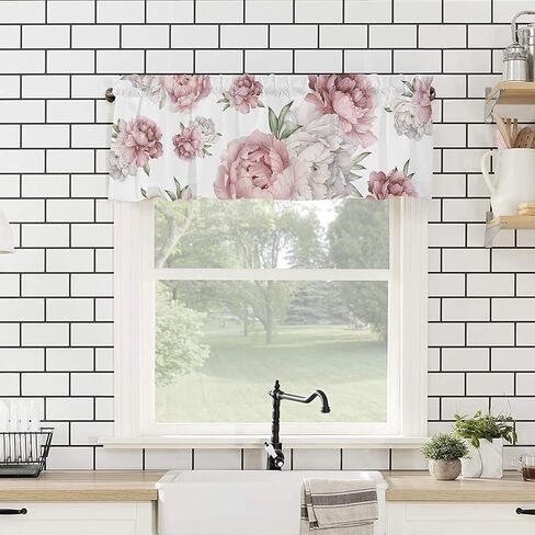 Watercolor Vintage Pink Floral Tie Up Curtain Valance for Windows/Living Room/Kitchen/Bathroom Farmhouse, Pink Flower White Short Rod Pocket Curtain Window Treatment, 1 Panel 54x18 in Saudi Arabia