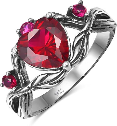 Heart Birthstone Ring for Women Oxidized Silver Engagement Ring Green Emerald/Moss Agate/Red Ruby Gemstone Promise Ring Jewelry Ring Gift for Love Mother Wife Bride Sister Girl Size 5-9 in Saudi Arabia