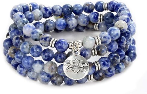 سوار مالا 108 خرزة مع حلية اللوتس وخرز حجري صغير 6 مم (العقيق الدانتيل الأزرق) in Kuwait