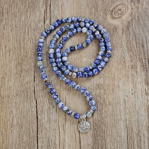 سوار مالا 108 خرزة مع حلية اللوتس وخرز حجري صغير 6 مم (العقيق الدانتيل الأزرق) in Kuwait