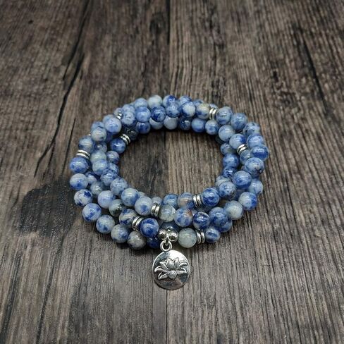 سوار مالا 108 خرزة مع حلية اللوتس وخرز حجري صغير 6 مم (العقيق الدانتيل الأزرق) in Kuwait