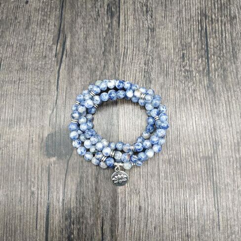 سوار مالا 108 خرزة مع حلية اللوتس وخرز حجري صغير 6 مم (العقيق الدانتيل الأزرق) in Kuwait