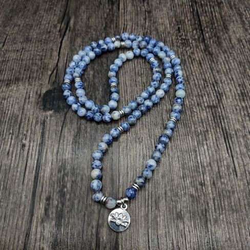 سوار مالا 108 خرزة مع حلية اللوتس وخرز حجري صغير 6 مم (العقيق الدانتيل الأزرق) in Kuwait