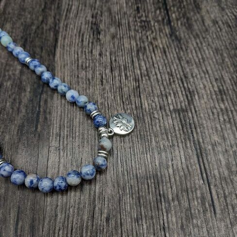 سوار مالا 108 خرزة مع حلية اللوتس وخرز حجري صغير 6 مم (العقيق الدانتيل الأزرق) in Kuwait