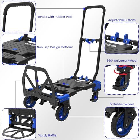 Hand Truck Dolly with Foldable Basket, 200 LBS Capacity Portable Folding Hand Truck with Retractable & Adjustable Handle, Convertible Hand Cart with 4 Wheels, Collapsible Dolly Cart for Moving in Saudi Arabia