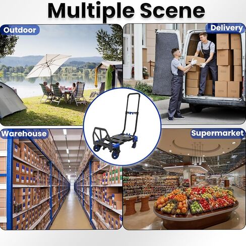 Hand Truck Dolly with Foldable Basket, 200 LBS Capacity Portable Folding Hand Truck with Retractable & Adjustable Handle, Convertible Hand Cart with 4 Wheels, Collapsible Dolly Cart for Moving in Saudi Arabia