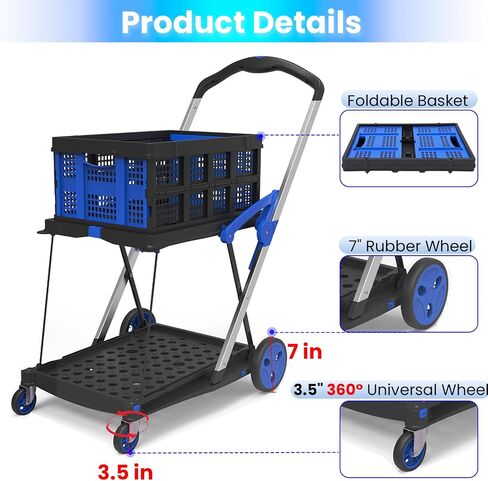 Hand Truck Dolly with Foldable Basket, 200 LBS Capacity Portable Folding Hand Truck with Retractable & Adjustable Handle, Convertible Hand Cart with 4 Wheels, Collapsible Dolly Cart for Moving in Saudi Arabia