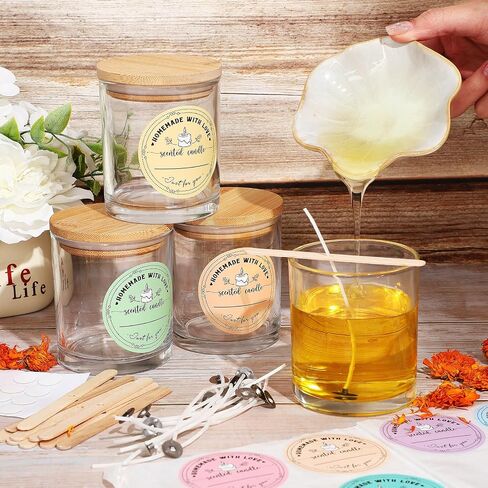 Coume 12 حزمة 10oz الجرار الشموع الزجاجية واضحة مع 8 حزمة الزهور المجففة أغطية الخيزران شمعة تسميات شمعة الفتائل لصنع الشموع، الجرار شمعة فارغة لهدايا الشموع محلية الصنع (الزجاج) in Saudi Arabia