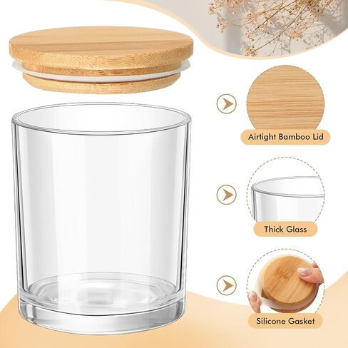 Coume 12 حزمة 10oz الجرار الشموع الزجاجية واضحة مع 8 حزمة الزهور المجففة أغطية الخيزران شمعة تسميات شمعة الفتائل لصنع الشموع، الجرار شمعة فارغة لهدايا الشموع محلية الصنع (الزجاج) in Saudi Arabia