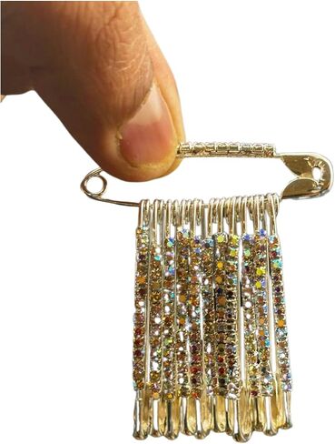 12-Piece Golden Safety Pins with Multi Faux Crystal - Diamonds Designer Safety pin Saree pin - Saftey Pins for Clothing and Crafts. (Golden-Multi) in Saudi Arabia