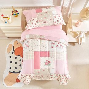 Joyreap 4 Piece Cotton Toddler Bedding Set- Colorful Flower Plaids Patchwork Design, Toddler Comforter Set for Girls, Includes Quilted Comforter, Fitted Sheet, Top Sheet, and Pillow Case