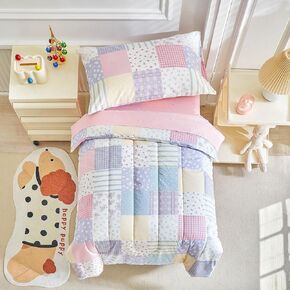 طقم سرير أطفال من القطن مكون من 4 قطع من Joyreap - تصميم مرقع منقوش بالزهور الملونة، طقم لحاف للأطفال الصغار للفتيات، يتضمن لحافًا مبطنًا، وملاءة جاهزة، وملاءة علوية، وغطاء وسادة in Kuwait