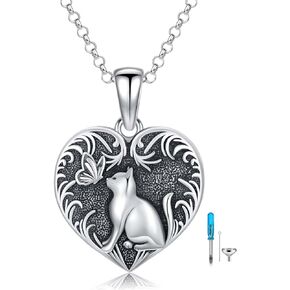 PROESS Cat Urn Necklace for Ashes 925 Sterling Silver Cat Pendant Butterfly Necklace Cat Cremation Jewelry Gifts for Women Men for Cat Lovers