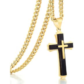 Cross Necklace for Men Boys Pendant Necklace Stainless Steel Double Cross Necklace with 24 inches Cuban Link Chain
