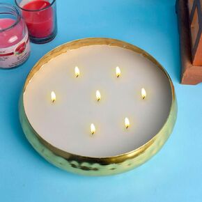 SATVIK 7.2 Inch Brass Scented Candle Urli Wax Urli Hammered Pattern Multi Wicks Tea Lights Flowers Handcrafted Bowl Indian Festive for Home Office Mandir Living Room Table Top Diwali Décor Gifts Item