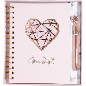 Pink Hardcover Notebook Journal Set with Diamond Pen - Cute Spiral Notebook Dream Journal or Diary for Women and Teen Girls - Perfect Office Notebook - 80 Ruled Notebook Sheets - Decorative Gift Box