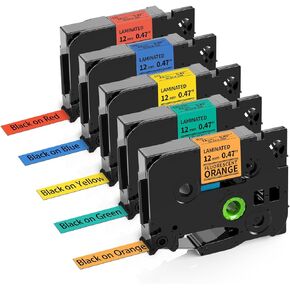 MarkDomain Compatible Label Tape Replacement for Brother P Touch TZe Label Tape 12mm 0.47 Inch (Black on Red/Blue/Yellow/Green/Orange) for P Touch PT-D210 H110 Label Maker, Laminated, 5-Pack