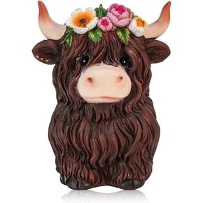 Highland Cattle Gnomes Decor Brown Scottish Highland Cow Resin Figurine Sunflowers Calf Gnome Herd Decorations for Home Farmhouse Tiered Tray Decor Table Centerpiece Garden Decor