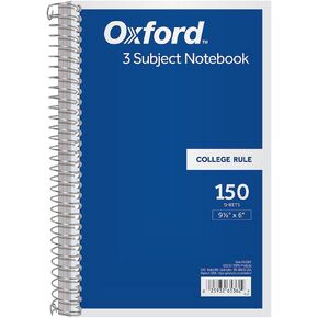 Oxford 3-Subject Notebook, 6" x 9-1/2"; College Rule, 150 Sheets, 2 Dividers (65362),Assorted Colors