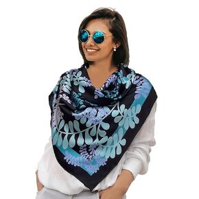 Designer Square Silk Scarf Hand Painted and Printed in Black and Turquoise Blue, Large Neckerchief, Head Shawl, Gift for Lady