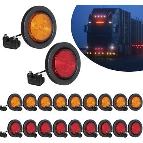 20 Pcs 2.5 Inch Led Trailer Marker Lights Flash Mount Marker Lights 12v Round Trailer Lights Marker Indicators Lights 4 Diode with Rubber Grommet for Truck Car Bus Van Boat, Amber and Red
