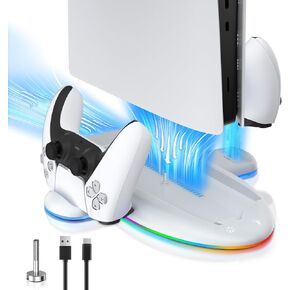 Cooling Station for PS5 Slim Console, 2-4h Smart Charging Station for PS5 Controller and Elite Version, Stand for PS5 Slim Disc and Digital with 9-Modes RGB Light and 3-Level Cooling Fan