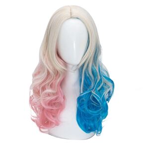 Curly Blonde Wig Cosplay for Women Long Middle Part Blue and Pink Wigs Costume Halloween