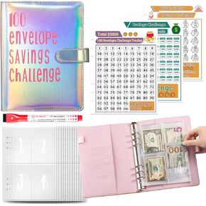 100 Envelopes Money Saving Challenge Binder with Pen,Budget Binder Savings Challgenge Book Easy & Fun Way to Save Cash $5,050,Savings Challenges Book with Envelopes