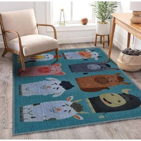 Kids Area Rugs Cute Collection of Farm Animals Characters in Flat Cartoon 3D Rugs for Playroom Bedroom Classroom Decor Yoga Mat Non-Slip Floor Outdoor Mat Carpets for Kids 4x6 ft
