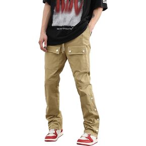 WDIRARA Men's Drawstring Waist Button Side Streetwear Long Cargo Pants with Pockets
