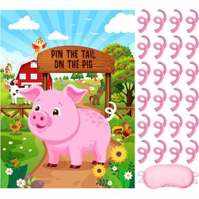 Pin The Tail on The Pig Party Game Farm Party Decorations Farm Animal Party Games Set Pig Poster with 24 Pig Tail Stickers Blindfold for Boys and Girls Animal Birthday Party Favors Supplies