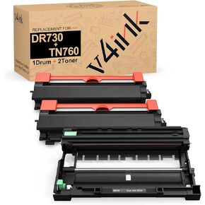 v4ink Compatible DR730 Drum and TN760 Toner Cartridge Set Replacement for Brother DR730 TN760 TN730 (1 Drum+ 2 Toner) for HL L2350DW L2370DW MFC L2690DW L2710DW L2717DW Tray_Toners_Cartridges_Printer